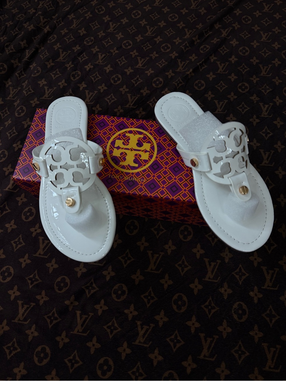 Tory Burch Glossy White Patent Logo Thong Sandals with Gold Accents